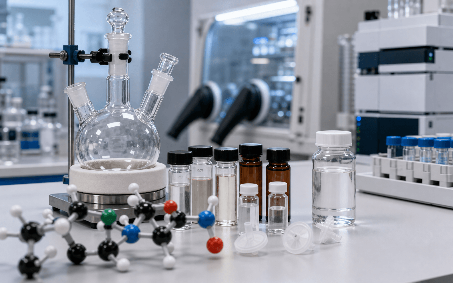 Electrolyte small molecule synthesis setup with reaction flask, molecular model, reagent vials, and electrolyte sample bottle