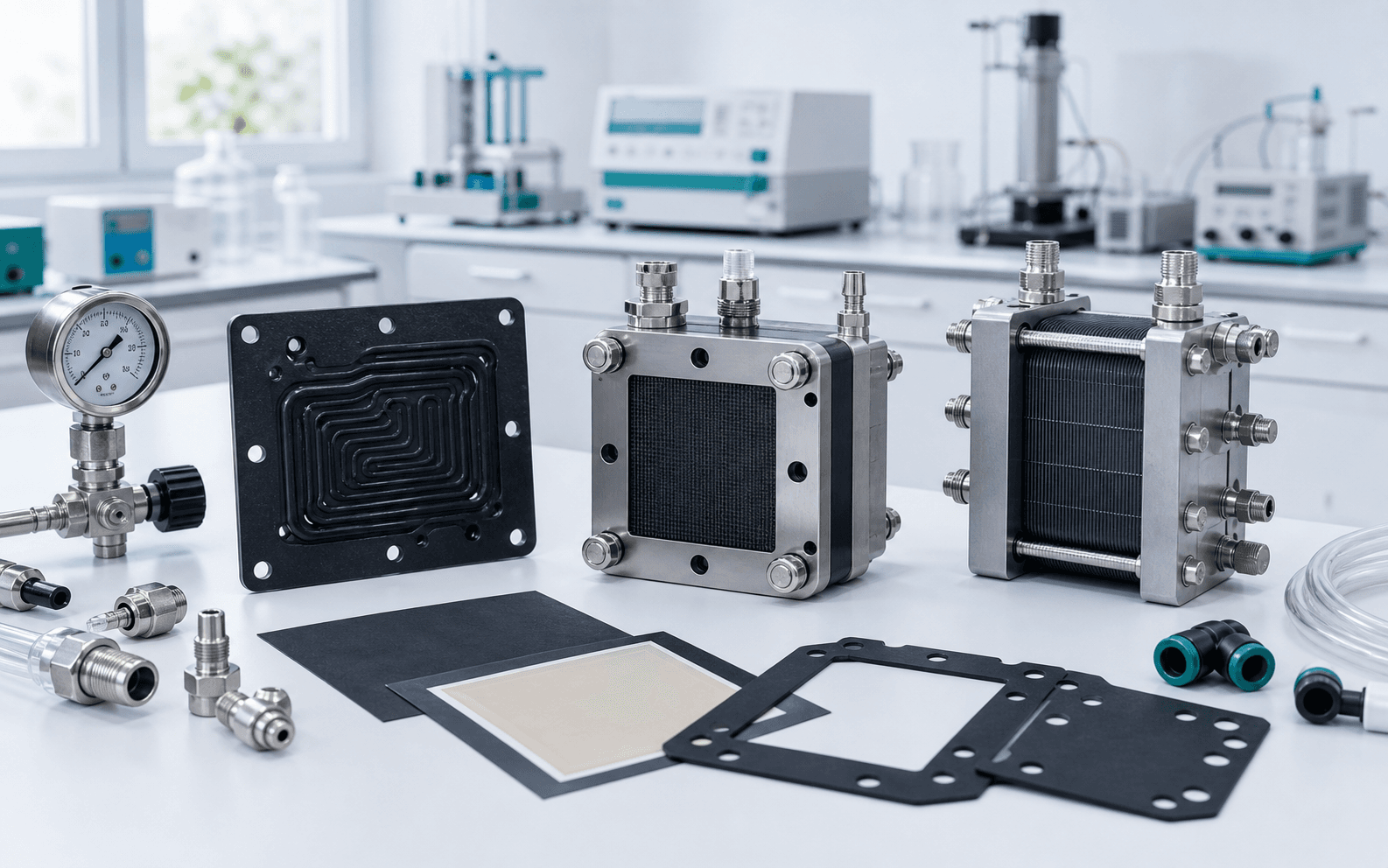 Custom fuel-cell equipment, flow-field plates, gaskets, and test fixture hardware