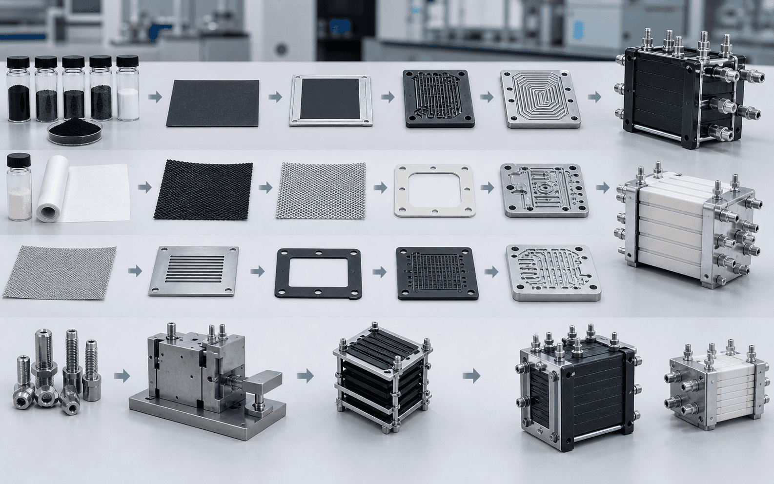 Fuel-cell and electrolyzer materials moving through component preparation, stack assembly, and finished electrochemical devices