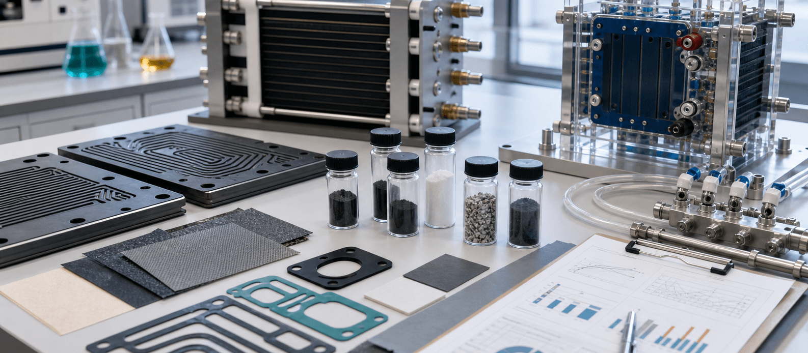 Advanced electrochemistry laboratory bench with battery materials, fuel-cell and electrolyzer hardware, synthesis glassware, and R&D test reports