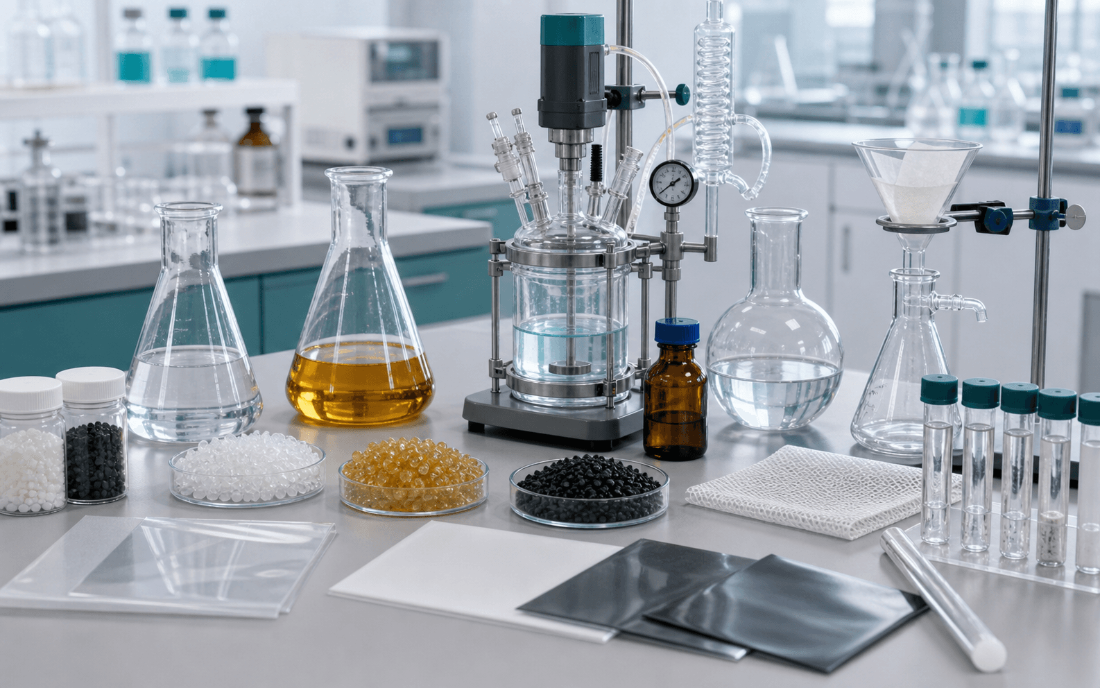 Custom resin and polymer synthesis setup with reaction glassware, polymer pellets, resin beads, and sample vials