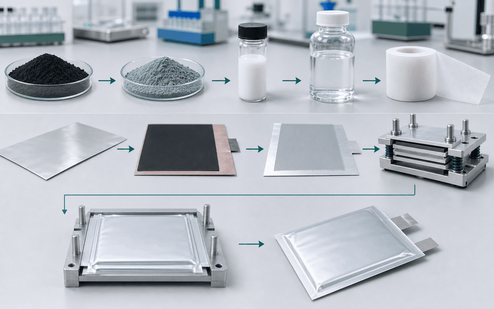 Sodium battery materials moving through hard carbon, cathode, electrolyte, electrode, and final pouch-cell assembly