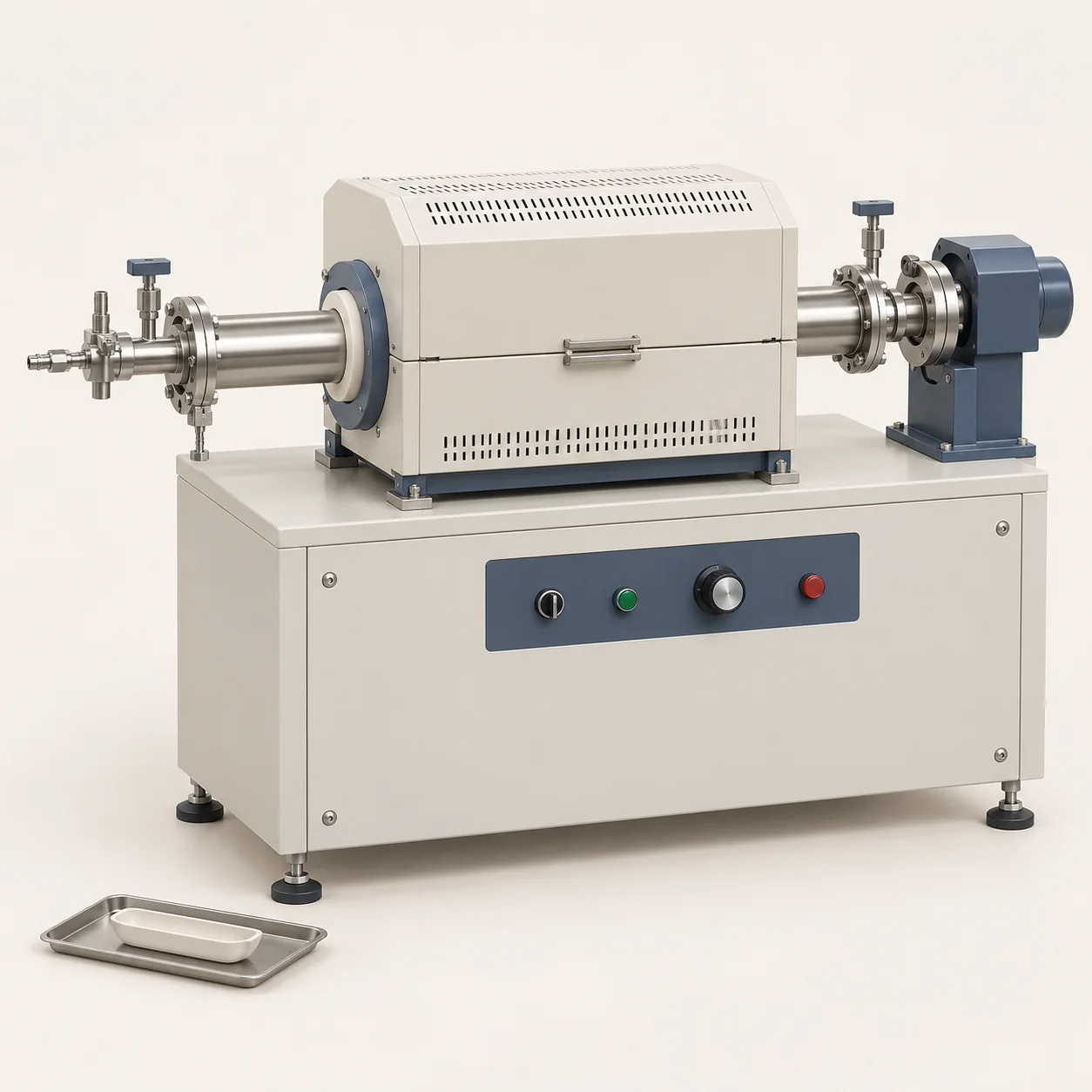 Representative compact development-scale rotary tube furnace for carbonization and activation — illustration