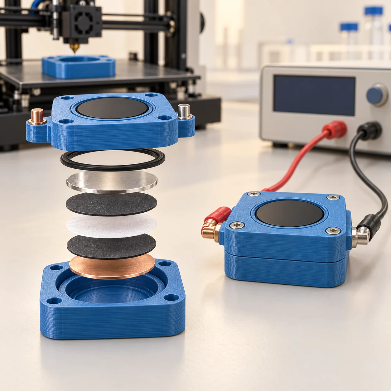 Conceptual 3D-printed lithium-ion research-cell casing with separate electrode layers, an assembled test cell and casing printing in the background — illustration