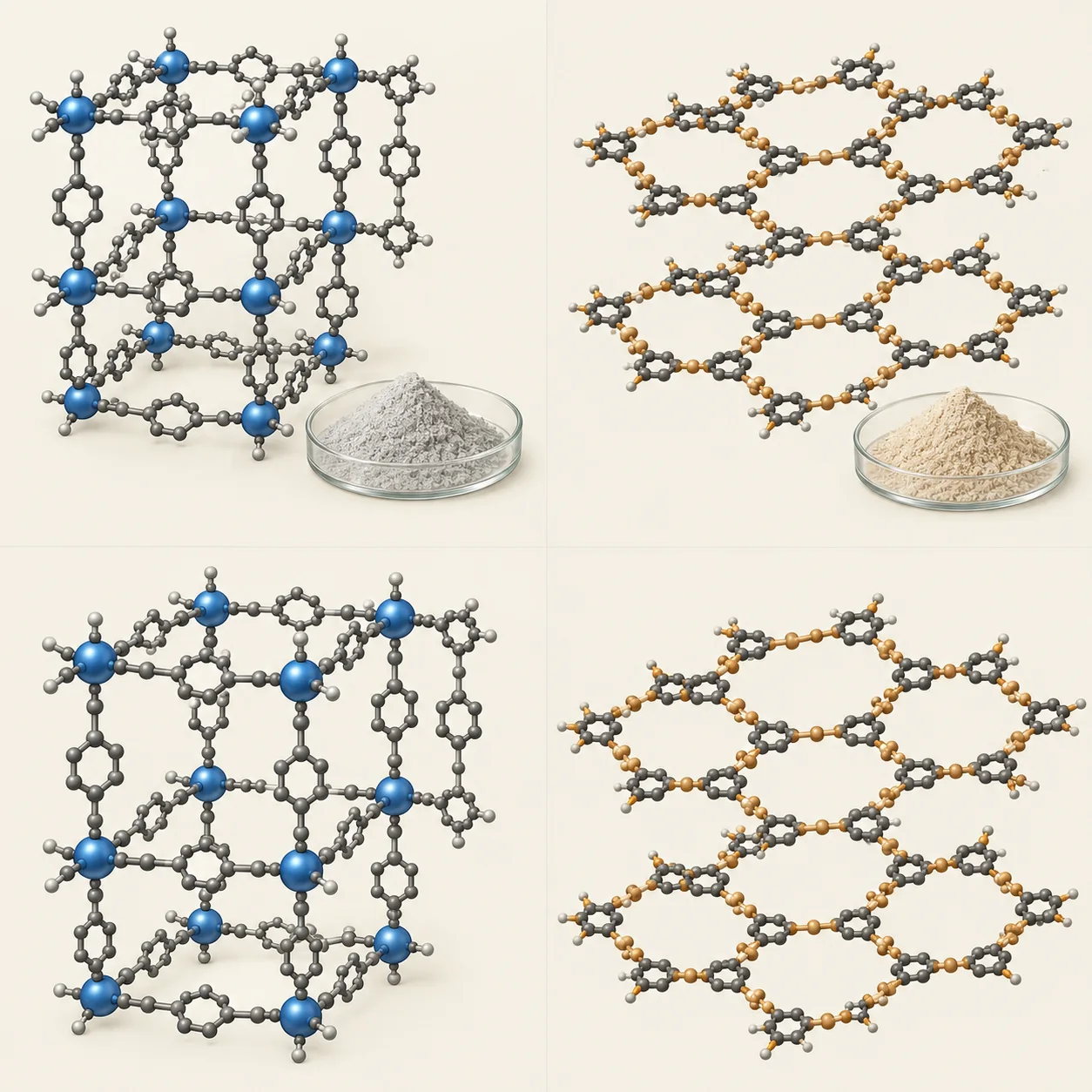 Conceptual MOF coordination network with a representative powder sample; not a specific compound — illustration