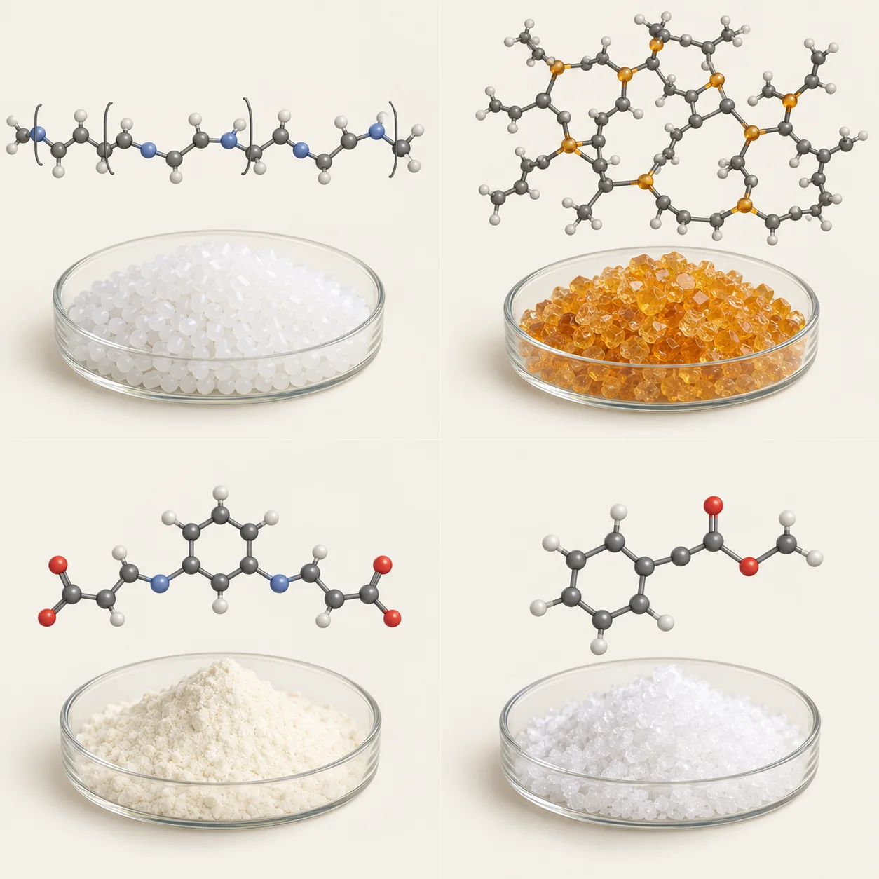 Conceptual polymer chain with representative granules; not a specific composition — illustration