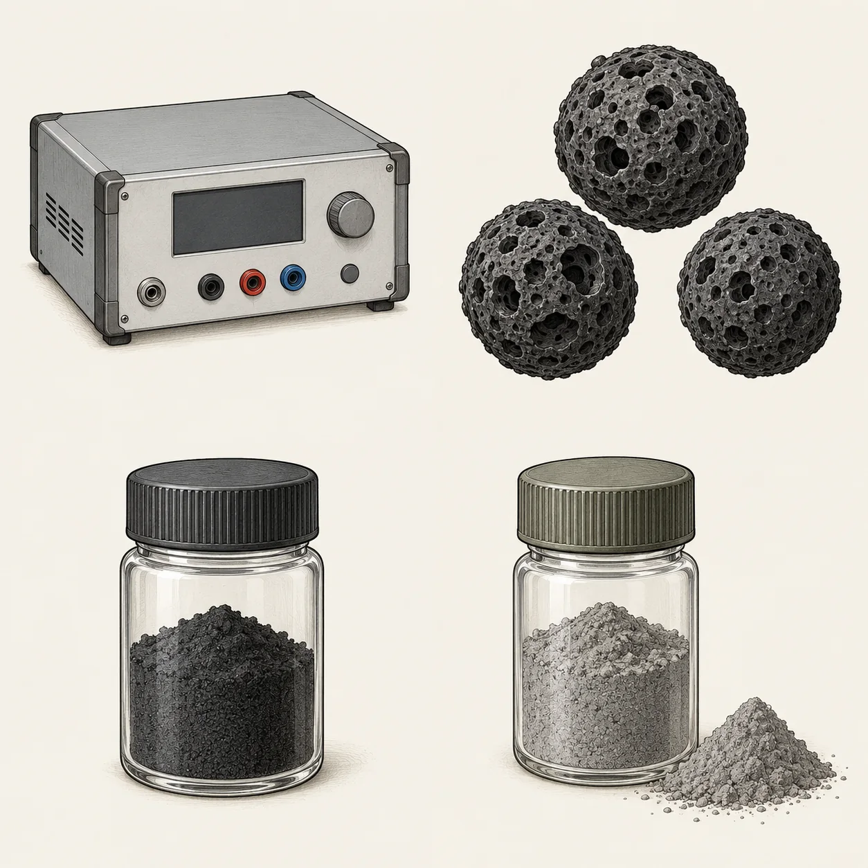 Conceptual porous carbon spheres; not microscopy or measured morphology — illustration